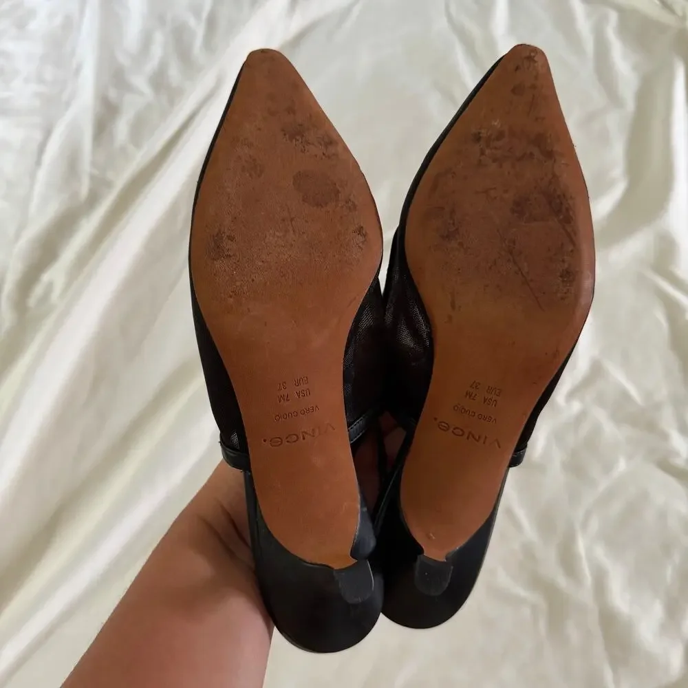 Vince Black Mesh Pointed Toe Mary Jane Strap Kitten Heel 7 Sling Back